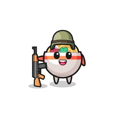 cute noodle bowl mascot as a soldier
