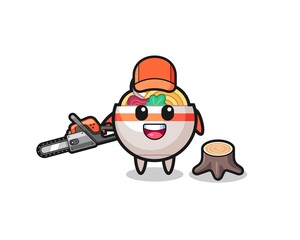 noodle bowl lumberjack character holding a chainsaw