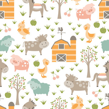 Cute Baby Farm Animals Seamless Pattern With Horses, Cows, Pigs, Sheep, Ducks And Fun Striped Barns In Soft Muted Tones.  