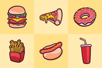 Set Of Fast Food Meal Icons In Doodle Style. Junk Food.