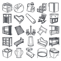 Furniture and Home Tools Design Hand Drawn Icon Set Vector.