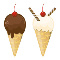 Ice cream cone dessert cold chocolate restaurant vector illustration