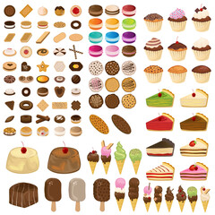 Dessert food concept cookies, cupcakes, cakes, pudding and ice cream set illustration vector