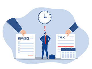 Businessman cartoon character standing feeling not free in fetter between tax and debt vector illustration