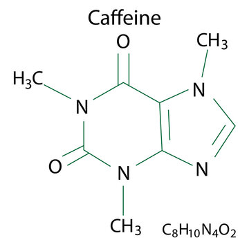 Caffeine chemical structure. Skeletal element. Organic compound. Molecular formula. Vector illustration. Stock image. 