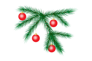 Obraz na płótnie Canvas Twig of spruce. Celebration card. Christmas decoration. Red glass toys. Holiday design. Vector illustration. Stock image. 
