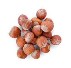 Heap of hazelnuts on white background