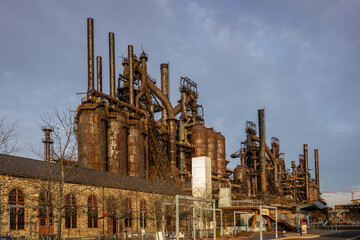 Bethleham PA Steel Stacks at dusk late fall Industrial Christmas Historic Morovian City - obrazy, fototapety, plakaty