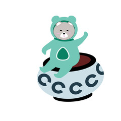 cartoon bear pattern in bright green spacesuit sitting happily waving greetings, fabric concept and learning materials for kids, cartoons for kids