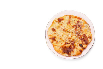 Plate with tasty khachapuri on white background