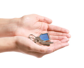 Woman with key from house on white background