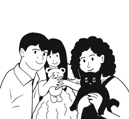 happy family makes selfie vector. Vector graphics. black and white drawing. eps