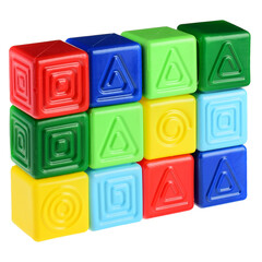 Plastic colored cubes for the game. Children's cubes with figures. Educational games for the child.