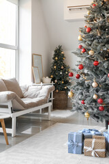 Interior of living room with Christmas trees and gifts