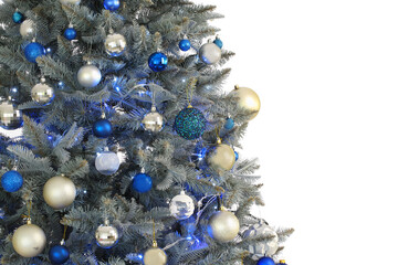 Beautiful decorated Christmas tree isolated on white background, closeup