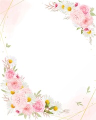 エレガントなピンク系のバラとデイジーのある水彩風ゴールドフレームベクターイラスト素材