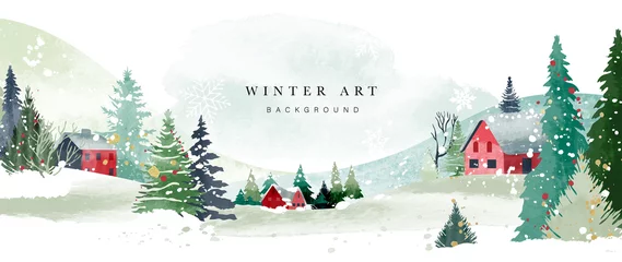 Zelfklevend Fotobehang Winter achtergrond vector. Handgeschilderde aquarel tekening voor Kerstmis en gelukkig Nieuwjaar seizoen. Achtergrondontwerp voor uitnodiging, kaarten, sociale post, advertentie, omslag, verkoopbanner en uitnodiging. © TWINS DESIGN STUDIO