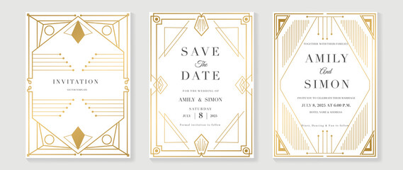 Art deco wedding invitation card vector. Luxury classic antique cards design for VIP invite, Gatsby invitation gold, Fancy party event, Save the date card and Thank you card. Vector illustration.