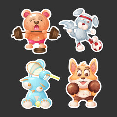Set of stickers. Bear athlete, dog football player, hare tennis player, fox boxer.