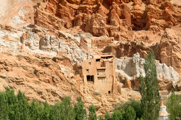 Ruins at Basgo monastery - built under massive stones and rocks of Leh, Ladakh, Jammu and Kashmir, India. Shot under daylight at ladakh.