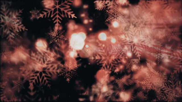 Abstract blurred pastel gold bokeh and snowflakes falling. Christmas New Year background Concept. 4K 3D looping. Golden glitter lights Christmas winter celebration, snow festive loop greeting title.
