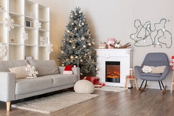 Interior of modern living room with Christmas tree