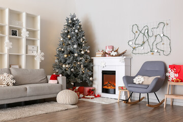 Interior of modern living room with Christmas tree