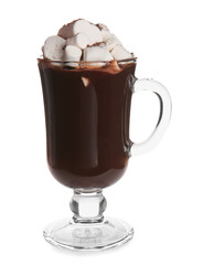 Glass cup of tasty hot chocolate with marshmallows on white background