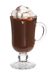 Glass cup of tasty hot chocolate with marshmallows on white background