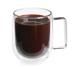 Glass cup of tasty hot chocolate on white background
