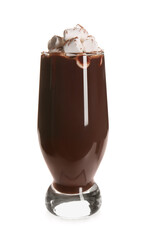 Glass of tasty hot chocolate with marshmallows on white background