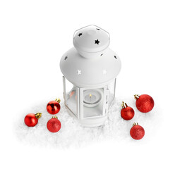 Beautiful Christmas lantern with burning candle, snow and balls on white background