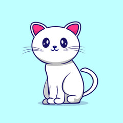 Sitting white cat cartoon icon illustration. Animal concept isolated premium design.