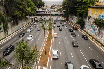 Fototapeta na wymiar Sao Paulo, Brazil, November 09, 2021. Traffic in the East West Corridor, at the Radial Leste Avenue, east zone of Sao Paulo.