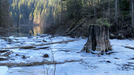Winter scenery with ice on Buntzen Lake