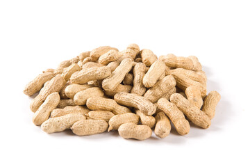 Dried peanuts in closeup isolated on white background