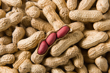 Dried red peanuts in closeup  background