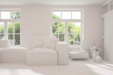 Mock up of stylish room in white color with sofa and green landscape in window. Scandinavian interior design. 3D illustration