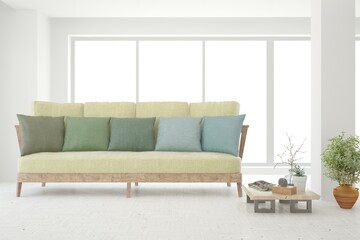 White living room with sofa. Scandinavian interior design. 3D illustration