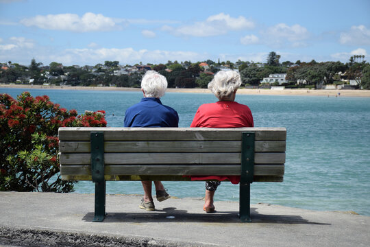 An elderly couple sit on a park bunch looking out over a beach on a sunny day