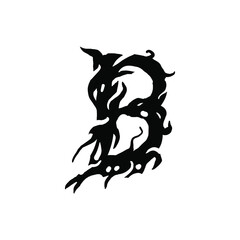 Letter B in gothic graffiti style. Black letter with curls. Logo or design element. Vector illustration isolated on white background. Vector EPS 10.
