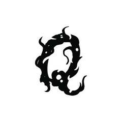 Letter Q in gothic graffiti style. Black letter with curls. Logo or design element. Vector illustration isolated on white background. Vector EPS 10.