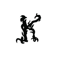 Letter K in gothic graffiti style. Black letter with curls. Logo or design element. Vector illustration isolated on white background. Vector EPS 10.