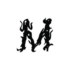 Letter M in gothic graffiti style. Black letter with curls. Logo or design element. Vector illustration isolated on white background. Vector EPS 10.