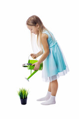 Little Girl Watering Her Indoor Plant, Isolated On White Background. Eco Concept. © Sergey