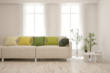 White living room with sofa. Scandinavian interior design. 3D illustration