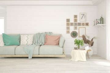 White living room with sofa. Scandinavian interior design. 3D illustration
