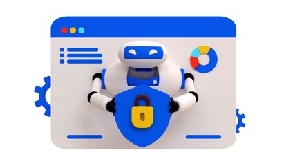 AI online defender. Internet browser and a robot with shield in his hands. 3d render illustration.