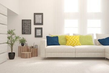 White living room with sofa. Scandinavian interior design. 3D illustration