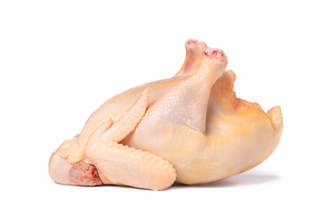 Chicken carcass on a white background. Homemade farm freshly plucked chicken isolated on a white background